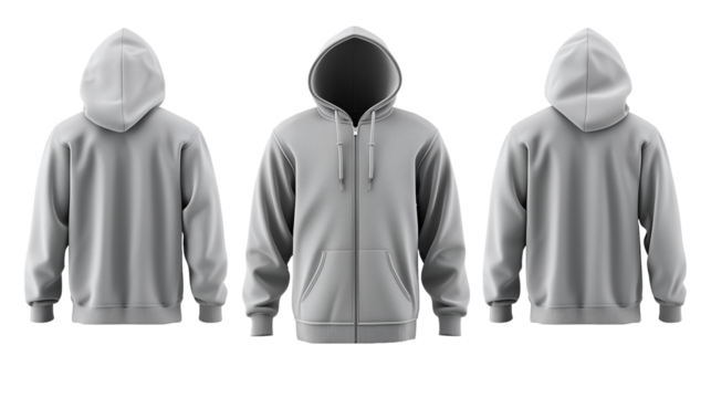 Men's hooded sweatshirts with long sleeves. Three hoodies in different colors with transparent background.