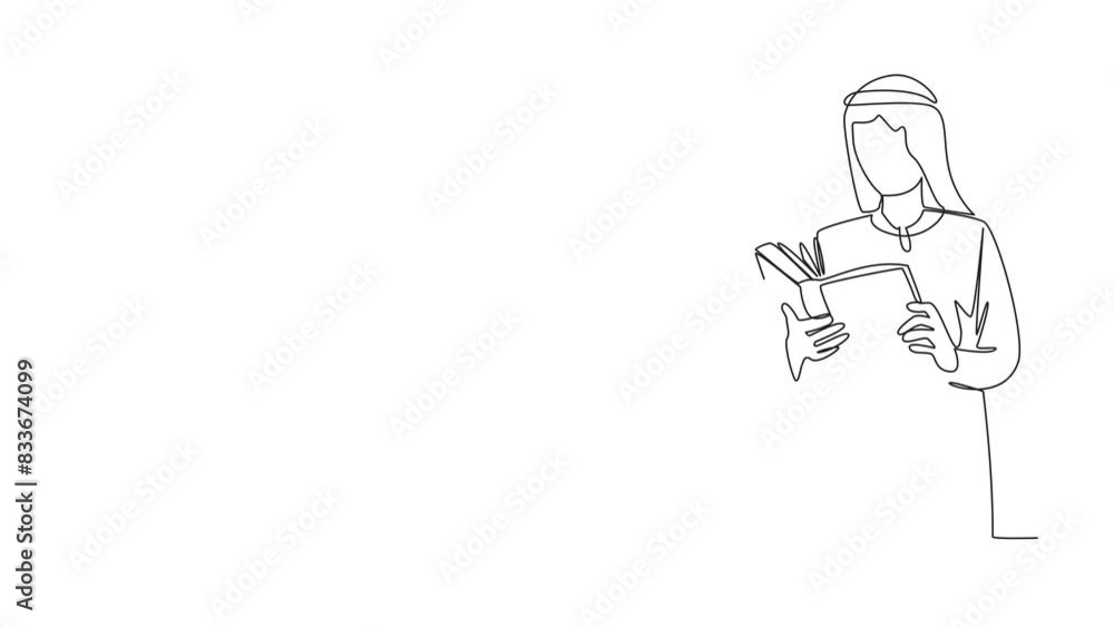 Poster animated self drawing of continuous line drawing arab man focus on reading. try to find answer to th