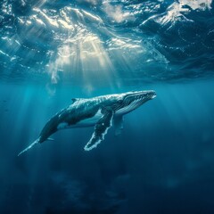 Majestic Whale Swimming in Sunlit Serene Underwater World