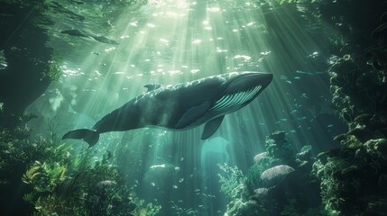 Fototapeta premium Majestic Whale Gliding Through Serene Underwater World with Filtered Natural Light Illuminating Scene