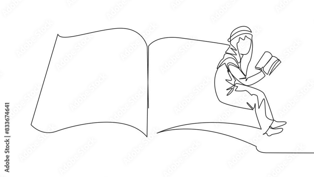 Aufkleber self drawing animation of one line drawing arabian man sitting on the edge of a large open book. stu