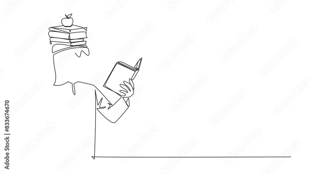 Poster animated self drawing of continuous line drawing arabian man reading book practicing balance. stack 