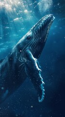 Fototapeta premium Majestic Whale Gracefully Swimming in Shimmering Blue Waters