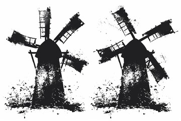Windmill mill icon, rural countryside mill symbol, graffiti spray wind mill building emblem on white