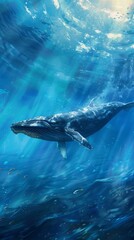 Fototapeta premium Serene Close-Up of Majestic Whale Gliding Through Shimmering Blue Waters of the Ocean