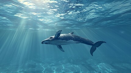 Obraz premium Majestic Whale Gliding Through Tranquil Underwater Seascape