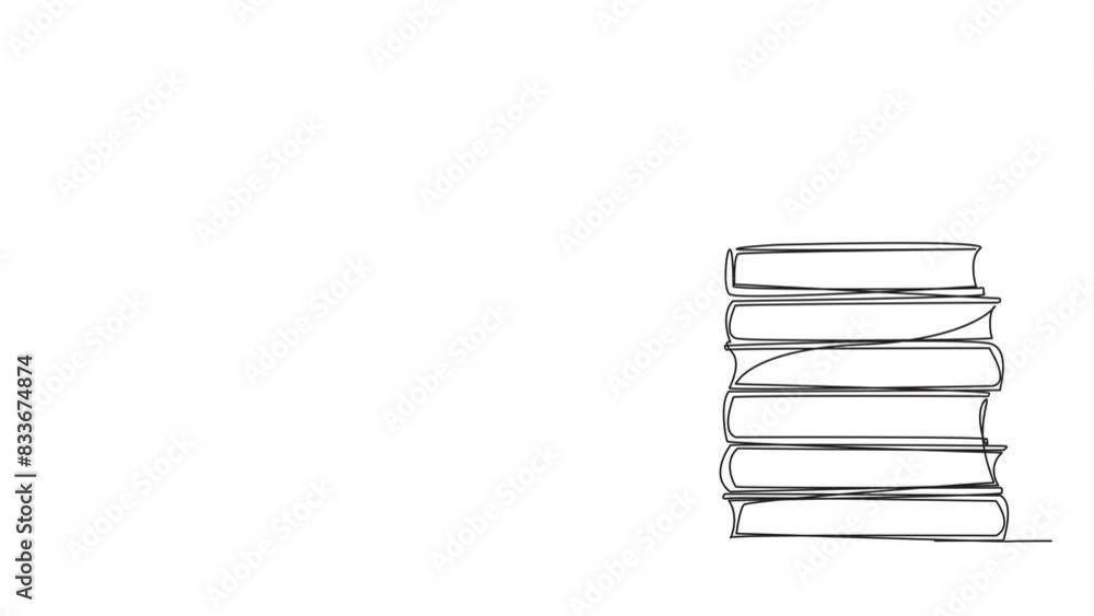 Poster animation of one line drawing arabian man standing reading a book while leaning against a pile of la