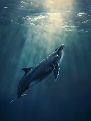 Fototapeta premium Majestic Whale Gliding Through Serene Underwater Seascape with Sunlight Rays - Marine Wildlife Photography Concept