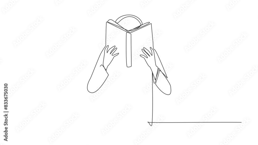 Poster self drawing animation of continuous one line drawing arabian man seriously reading book until cover