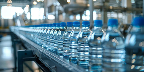 Bottles of water on a conveyor belt in a modern bottling plant with advanced machinery and bright industrial lighting, showcasing efficient production
