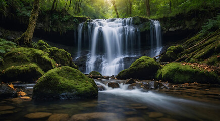 Fototapeta premium Majestic Forest Waterfall Background Nature Green