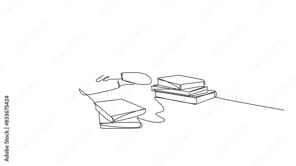 Poster animation of continuous line drawing arabian man asleep at the table where there were piles of books