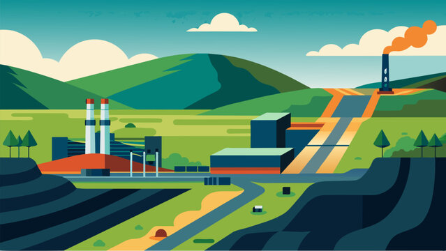 An aerial view of an underground coal gasification plant surrounded by vast rolling hills and fields highlighting the subtlety of the process and its. Vector illustration