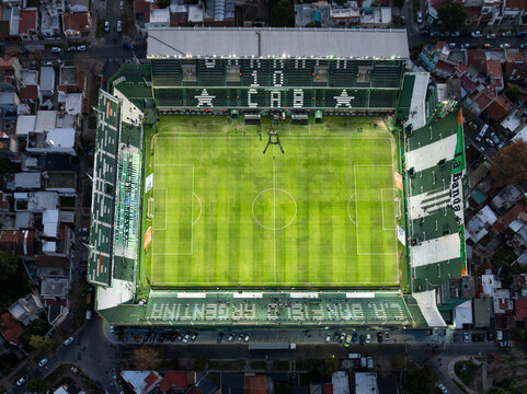 Buenos Aires, Argentina, February 6, 2023: Aerial view of the "Florencio Sola" soccer stadium. Home of "Club Atletico Banfield" soccer team.