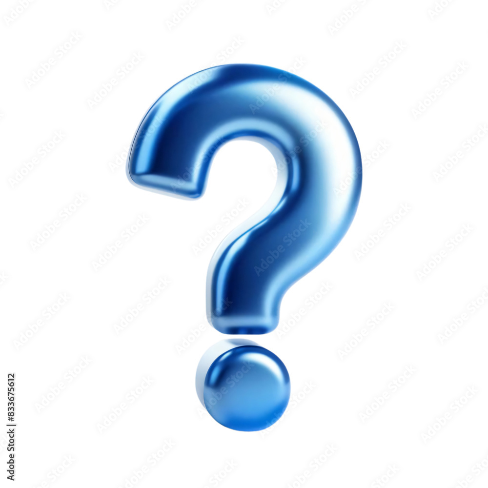 Poster a shiny blue question mark on a transparent background. the question mark has a smooth and reflectiv