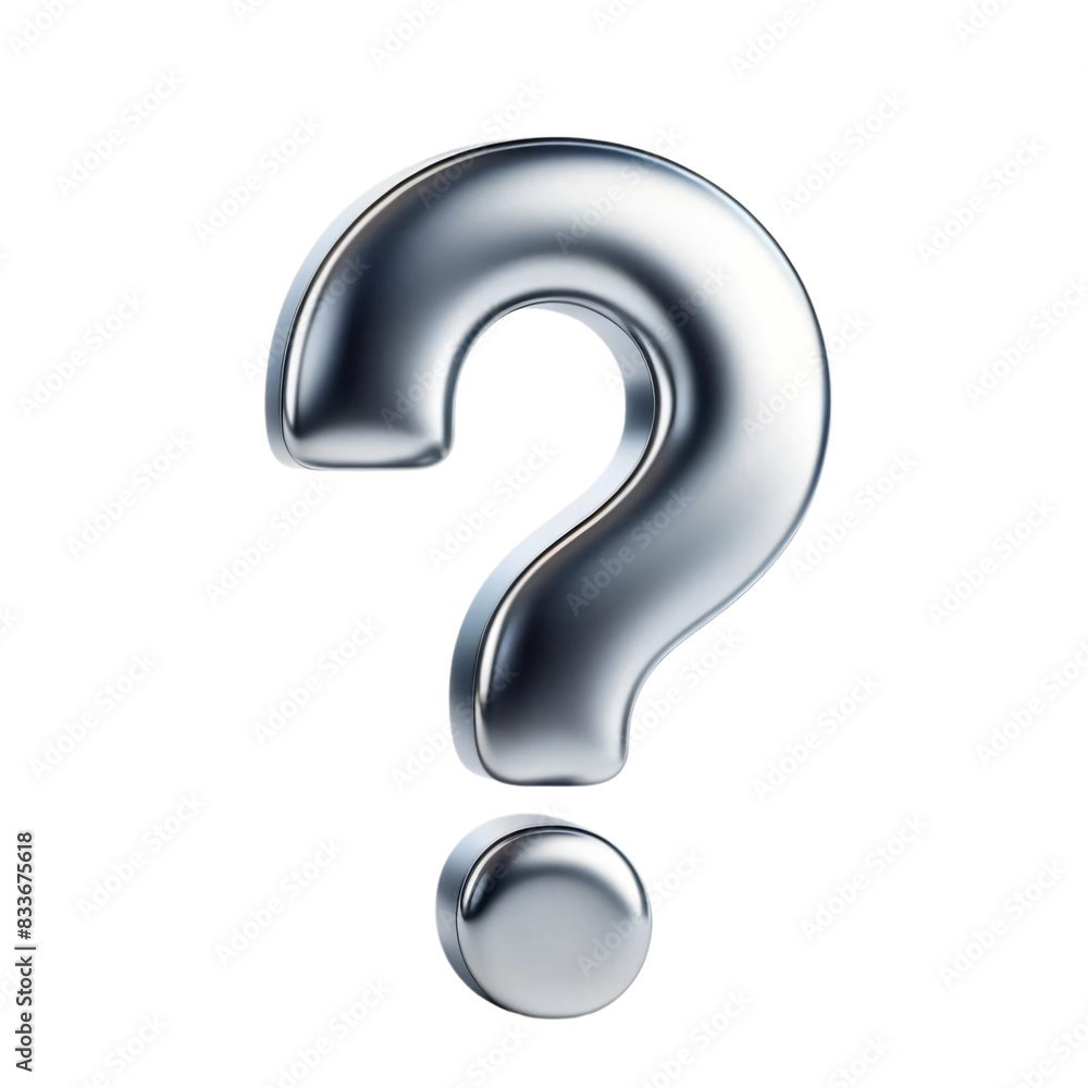 Poster a shiny metallic silver question mark on a transparent background. the question mark has a smooth an