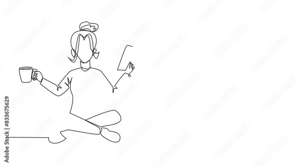 Poster self drawing animation of continuous line drawing clever woman sitting cross-legged reading book. ac
