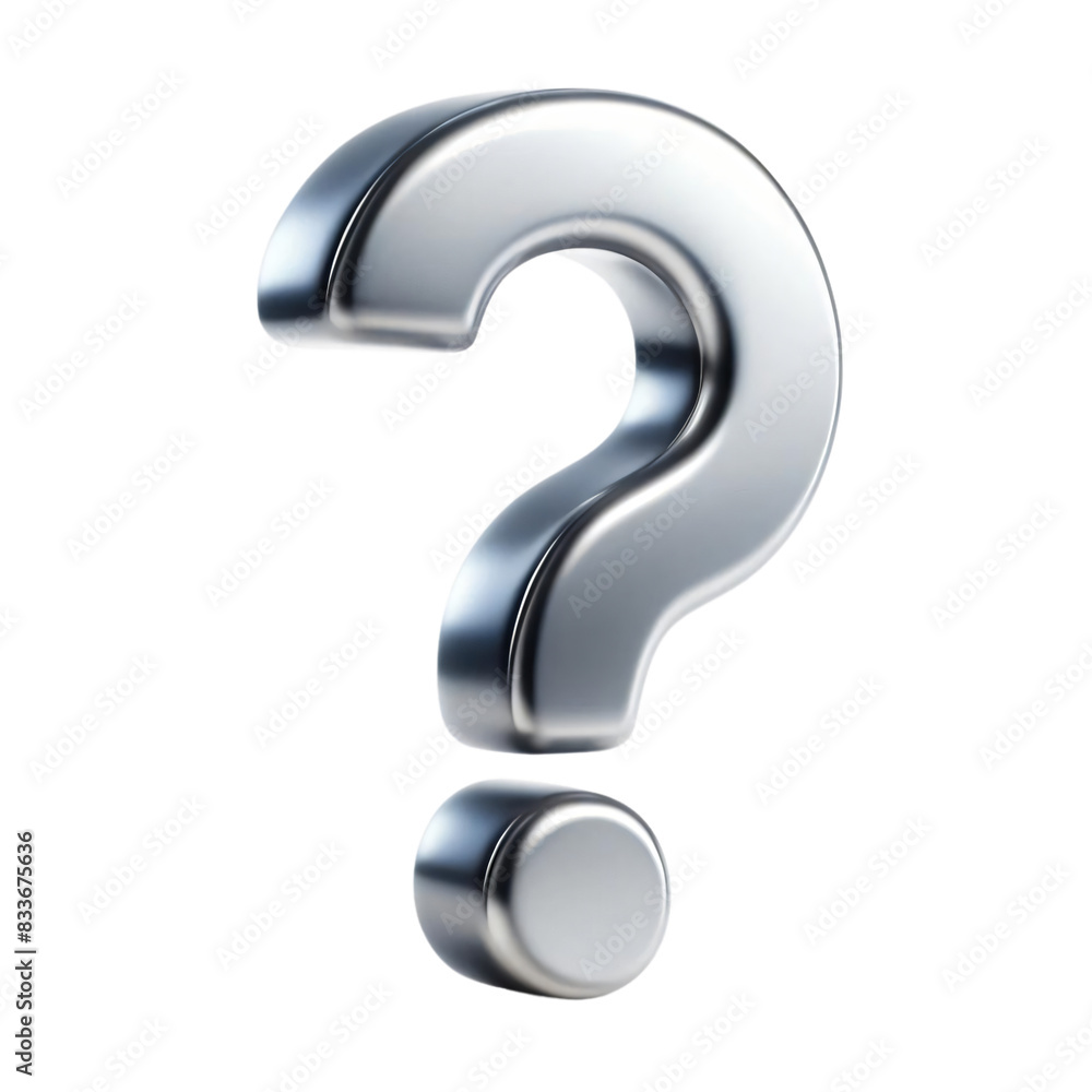 Poster a silver metallic 3d question mark on a transparent background. the question mark is shiny and refle