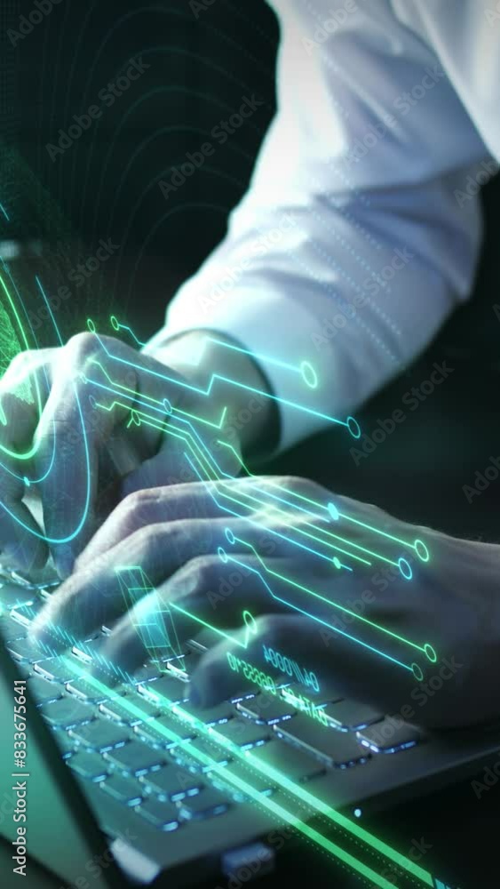 Poster working with artificial intelligence on a laptop.
