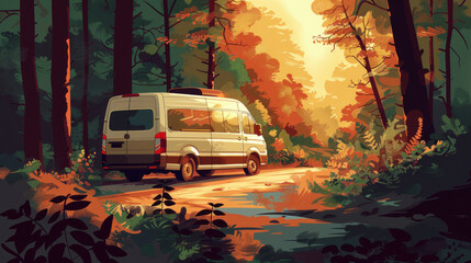 Journeying through a wooded landscape, a tour van follows a path illuminated by the sun, symbolizing the allure of travel, exploration, and natural splendor.