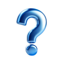A shiny blue question mark on a transparent background. The question mark has a smooth and reflective surface
