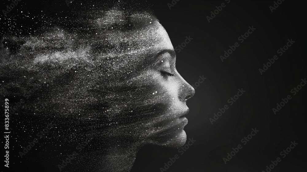 Poster the silhouette of the head is fying in small and rounded shaped particles. vector pixelated head.