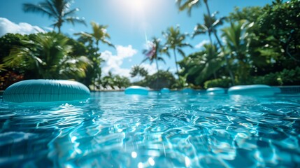 Blue Inflatable Tubes Floating On Sparkling Clear Pool Water Surrounded By Lush Tropical Palm Trees Under Bright Summer Sunlight