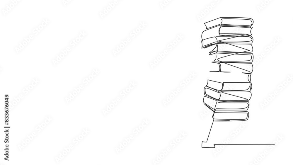 Poster animated self drawing of continuous line drawing woman hugging very high pile of books. hobby to col