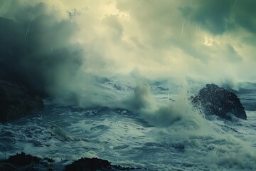 Symphony of a stormy sea clashing with rocks