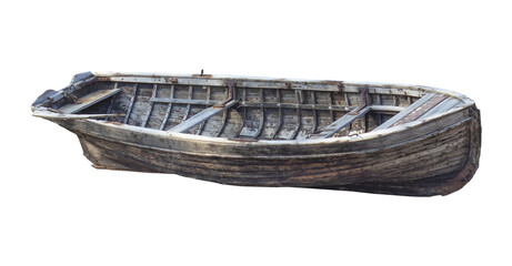 Old vintage wooden fishing boat isolated on white or transparent background