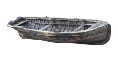 Old vintage wooden fishing boat isolated on white or transparent background