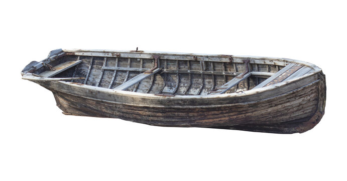 Old vintage wooden fishing boat isolated on white or transparent background