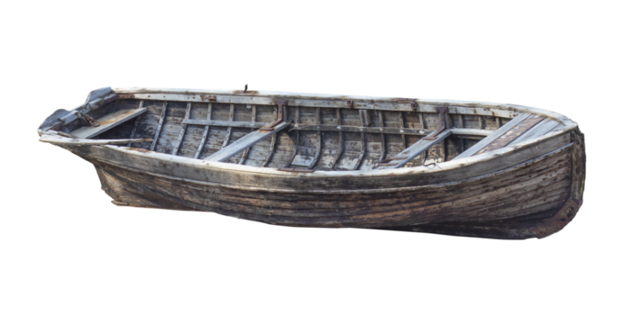 Old vintage wooden fishing boat isolated on white or transparent background