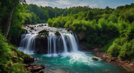 Naklejka premium Majestic Forest Waterfall Background Nature Green