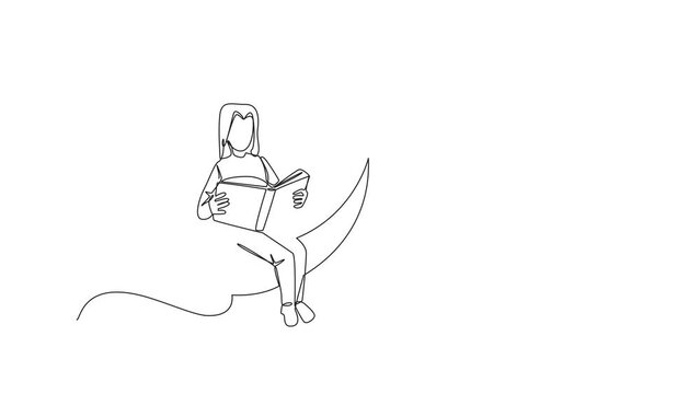 Animated self drawing of single line drawing woman sitting on crescent moon reading a book. Metaphor of reading a fairy story before sleeping. Read until late. Full length single line animation