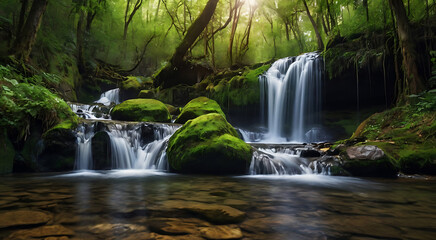 Obraz premium Majestic Forest Waterfall Background Nature Green