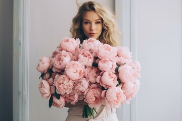 Beautiful young woman holding a large, lush bouquet of fresh pink peonies against a light background
