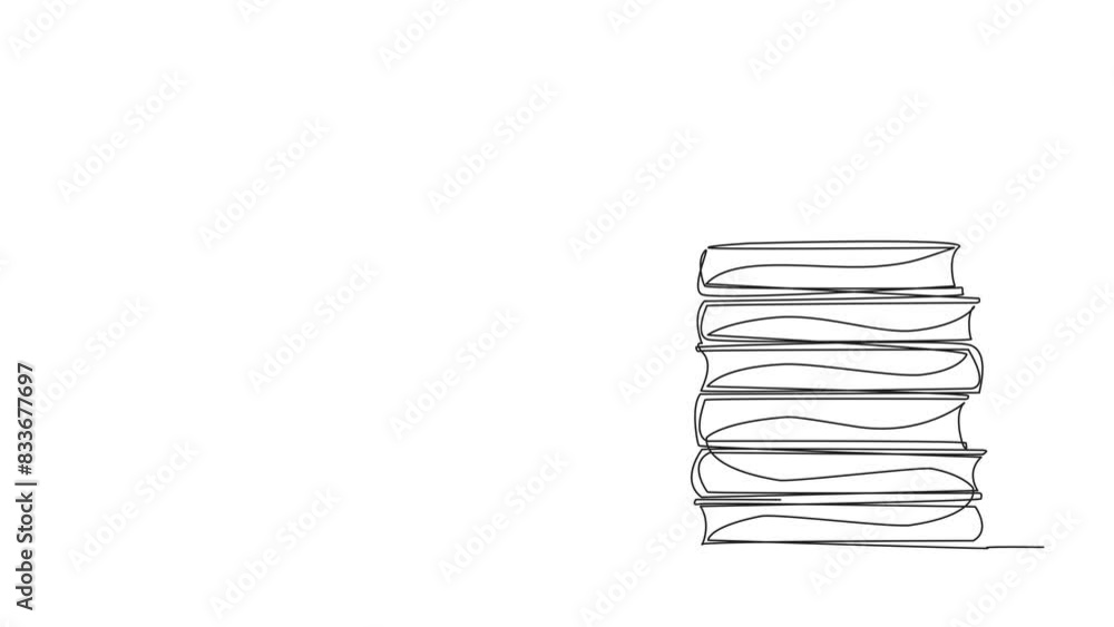 Poster animated self drawing of continuous line drawing woman standing reading a book while leaning against