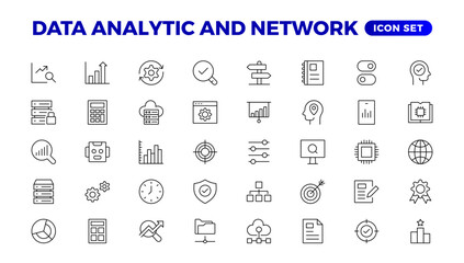 Big data analysis thin line icon set. Data processing outline pictograms for website and mobile app GUI. Digital analytics simple UI, UX vector icons