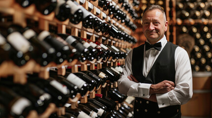 Professional sommelier dressed in black and white uniform, standing proudly in front of a vast wine rack with rows of bottles, showcasing the variety and quality available.