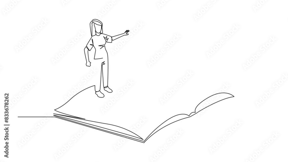 Poster animation of continuous line drawing woman standing over open ledger turning the page. read slowly t
