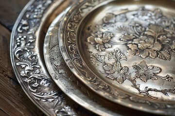 Tarnished silver plate with intricate etchings.