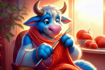 Blue-furred anthropomorphic cow knits with large pink needles. Warm, homely backdrop enhances cozy ambiance,