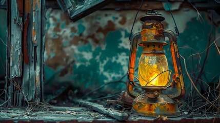 Rusty lantern in an abandoned house, symbolizing forgotten times and nostalgia, copy space for text