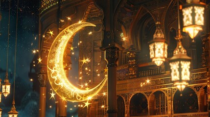 Obraz premium illustration of a mosque with a golden ornament with the moon and stars.