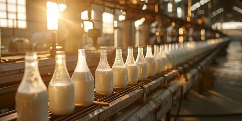 Bottles of milk on a conveyor belt in a dairy processing plant illuminated by warm sunlight, showcasing an efficient production line and high-quality dairy products
