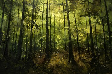 Textured brushstrokes in shades of earthy greens and browns create a sense of a dense, ancient forest