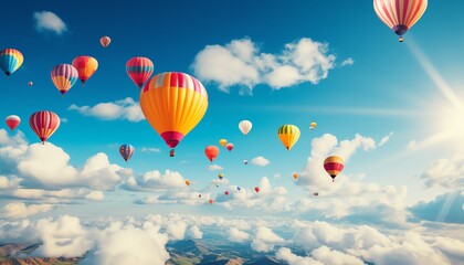 Obraz premium Colorful hot air balloons soar over a beautiful cloudscape, creating a picturesque scene in the sky on a bright, sunny day.
