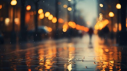 Moody urban street scene at night with blurred lights reflecting on wet pavement, creating a serene and atmospheric cityscape.