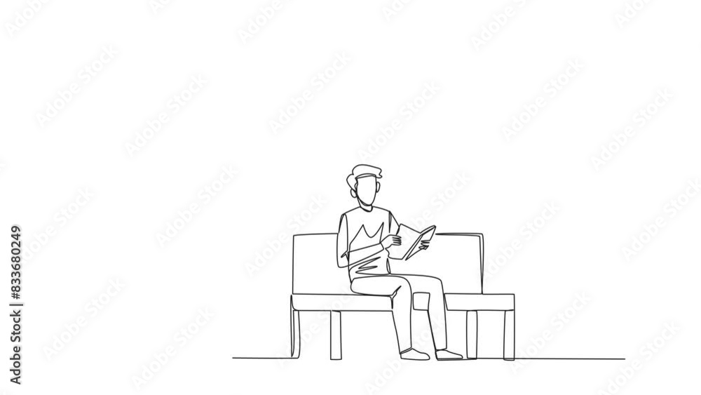 Poster animated self drawing of continuous line drawing man sitting on park bench reading book. learn by re